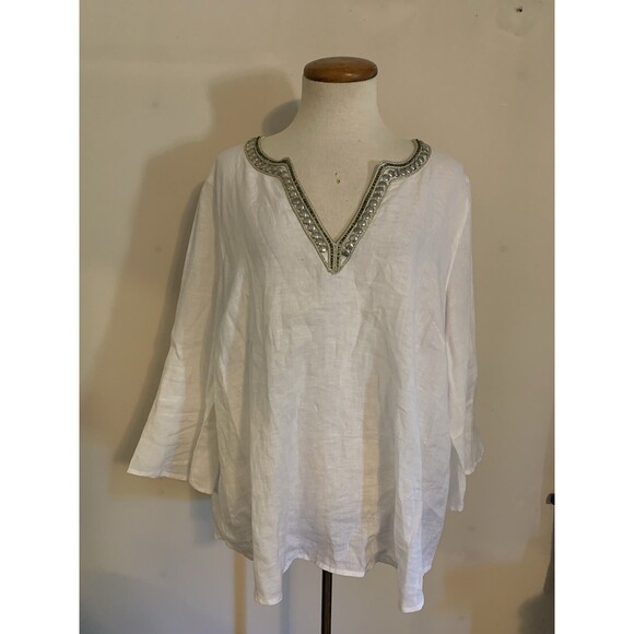 J Jill Love Linen Shirt Womans LP White Linen Tunic Blouse Gold Bead Applique - Picture 1 of 7